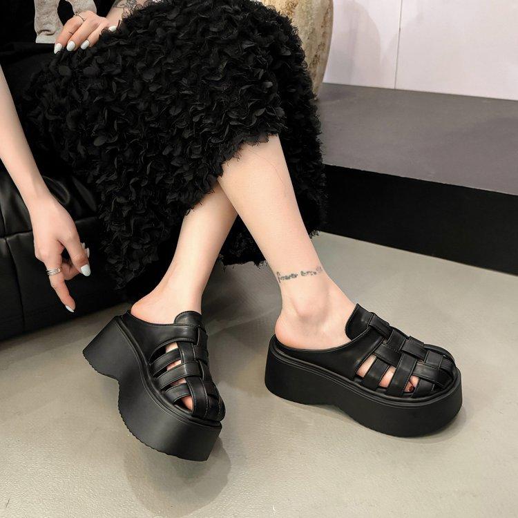 Thick bottom heightening bag head half slippers women's summer wear 2025 new summer fashion hollow muffin beach cool slippers