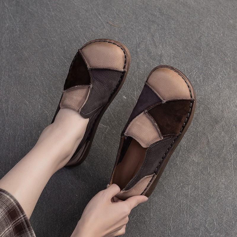 Johnature Retro Mixed Colors Soft Soled Flats Genuine Leather Comfortable Round Toe Women's Slip-on Shoes
