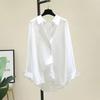 Damen Weiß Oversized Transparentes Hemd Langarm Button-Down Lässige Bluse mit Abgerundetem Saum