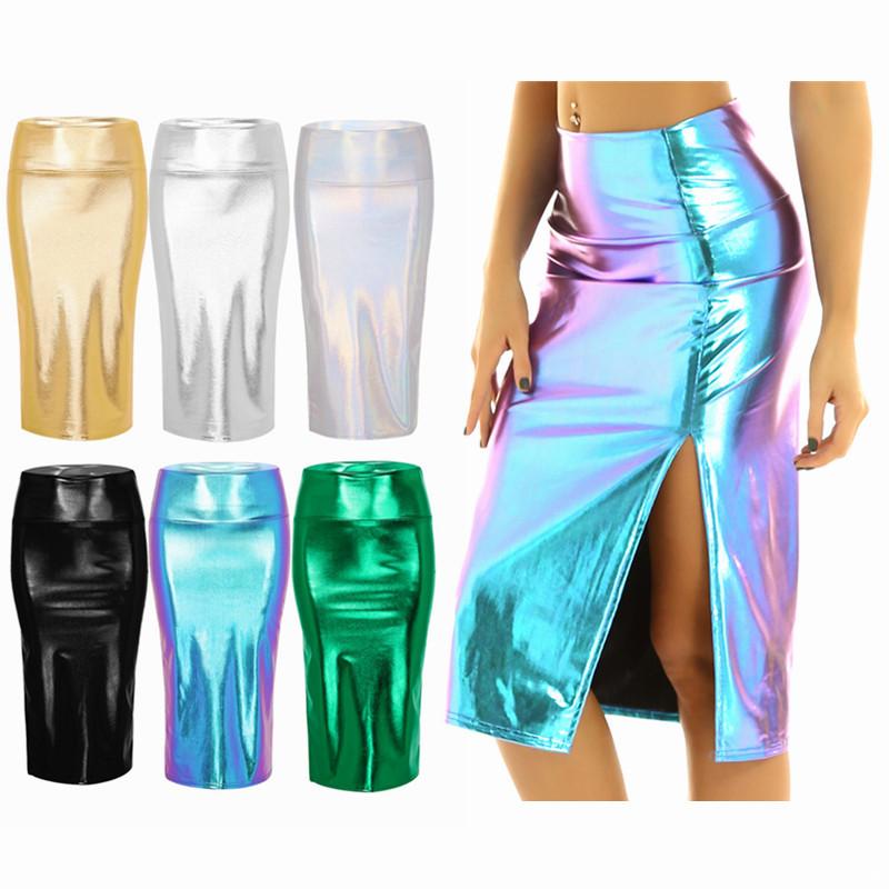 Women Skirts Shiny Metallic High Waist Side Split Midi Bodycon Skirts for Party Night Club