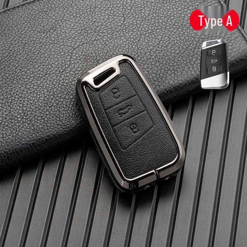 Volkswagen/Skoda Double-Sided Leather Zinc Alloy Car Key Case - Non-Signal Blocking, Full-Wrap Design