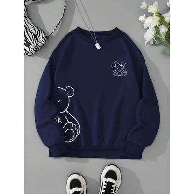 Kawaii OK Teddybär Druck Sweatshirts Für Damen Klassisch Retro Mode Kapuzenpullover Fleece Warm Freizeitkleidung Locker Sportbekleidung