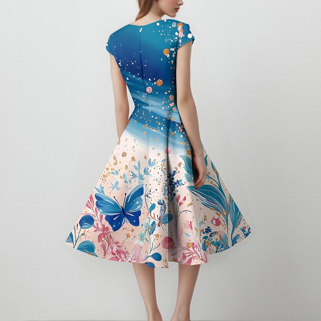 Women's Casual Fashion V-Neck Sleeveless  Printed Mid-Length Dress
