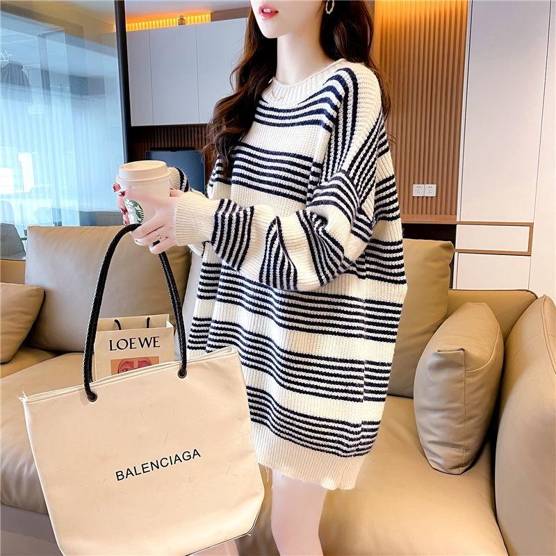 

Осенний свободный повседневный стиль вязаный пуловер модный полосатый свитер женский средней длины и длинный омолаживающий топ тренд One size бежевый