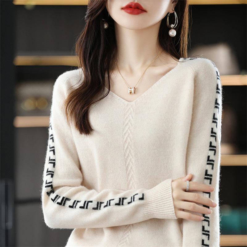 

Женский вязаный свитер с V-образным вырезом, укороченный, цветной блок, базовый слой, осенне-зимний пуловер S бежевый