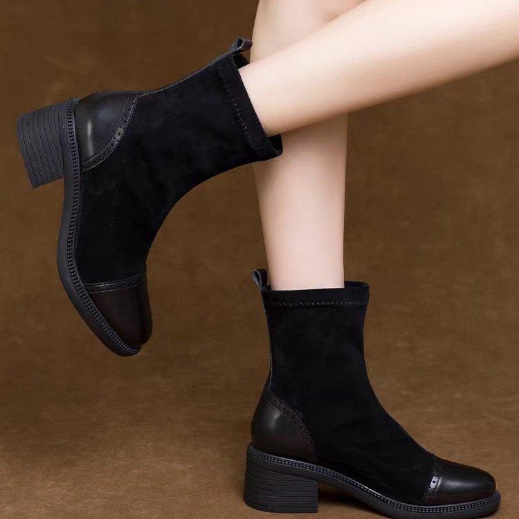 Elastische Stiefel Damen dünne Stiefel Britische Martin-Stiefel 2025 Herbst und Winter neue vielseitige matte dicke Ferse mittelhohe Ferse Damen Kurzstiefel