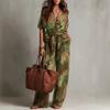 Set de vară 2026 stil european și american pentru femei, casual, cu imprimeu leopard, guler V, cămașă + pantaloni largi cu imprimeu leopard, pantaloni drepți