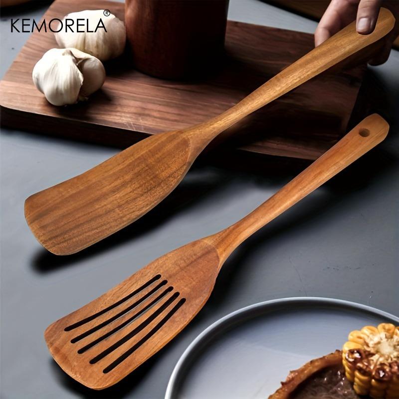 Acacia Wood Spatula Set - Non-Stick, Food-Safe Kitchen Utensils for Cooking, Mixing, Frying, Flipping - Durable Wooden Slotted