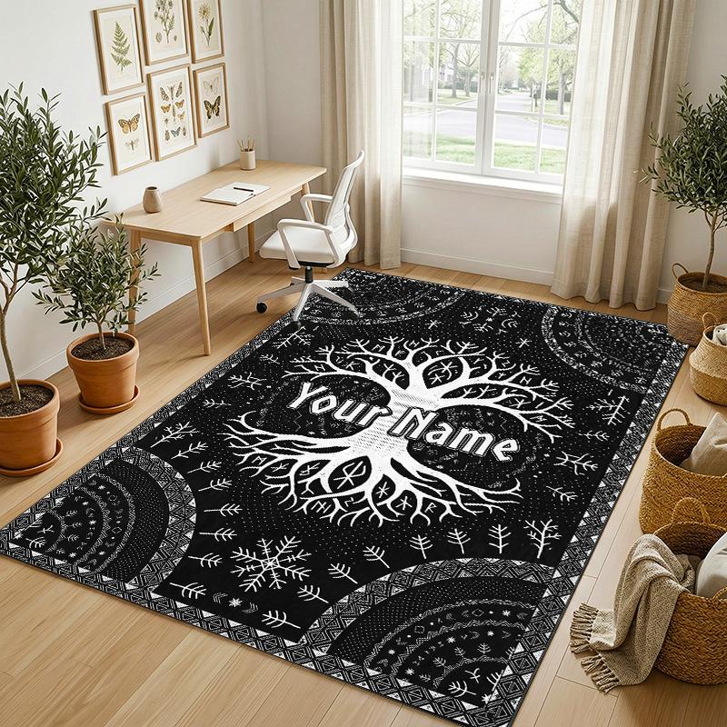 Tree Life Theme Soft Crystal Velvet Rug Custom Name & Text Print Non Slip Floor Rug for Bedroom Living Room