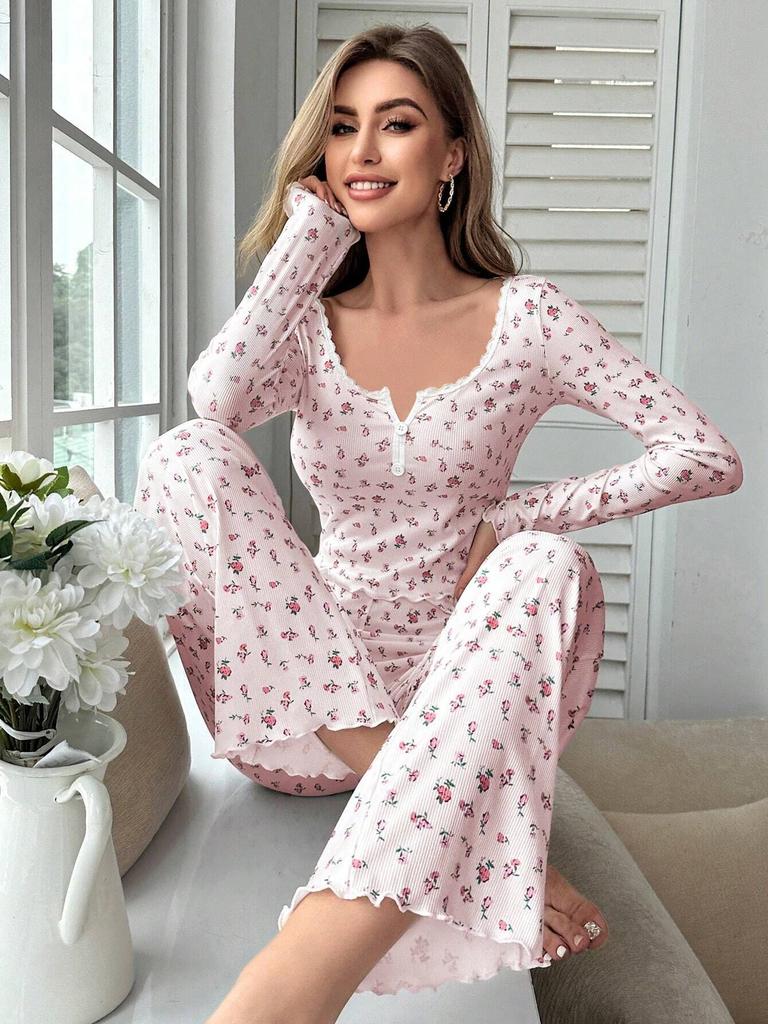 Europäischer und Amerikanischer Stil Damen Herbst- und Winter-Pyjama-Set Blumenmuster Langarm-Oberteil und Lange Hose Mode Lässige Loungewear