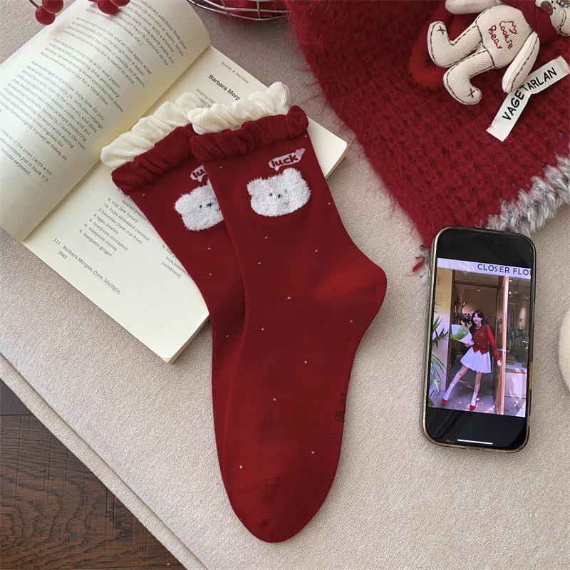 Super Cute Red Socks for Women In Autumn and Winter, Pure Cotton Mid-calf Socks, Cartoon Polka Dot Puppy Dui Dui Socks
