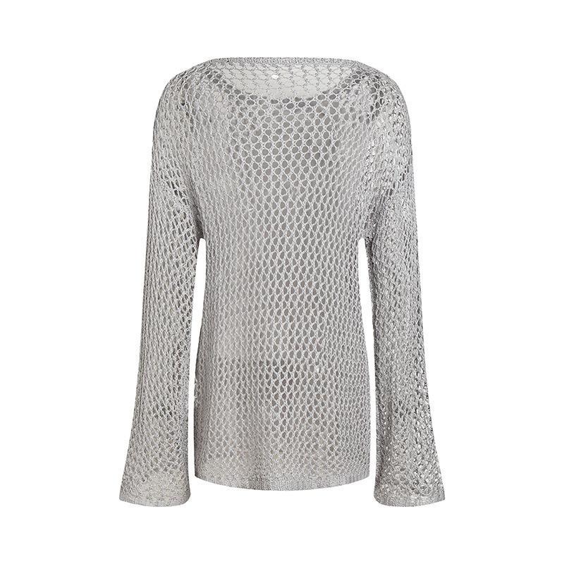 Top estivo a maniche lunghe con scollo tondo da donna, ampio, trasparente, top sexy retrò, maglieria da spiaggia