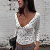 European and American new women's casual simple and versatile retro tight black and white polka dot printed V-neck long-sleeved top