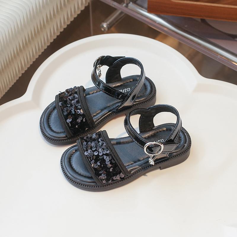 

Girls Princess Shoes with Shiny Sequins Kids Sandals Non-slip Soft Sole 2025 Summer New Girls Beach Shoes Elegant Ins Trendy 26 чорний