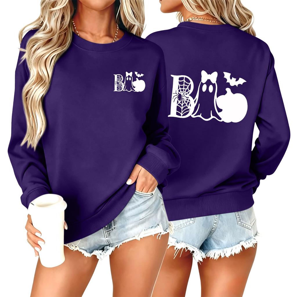 Women's Halloween Print Neck Pullover Sweatshirt Trendy Casual Fall Fashion