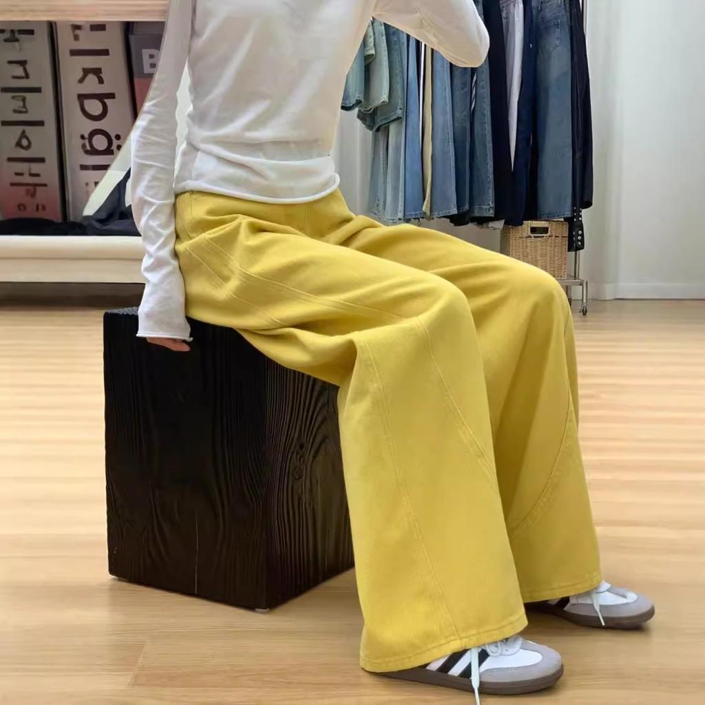 Women's High Rise Loose Fit Wide Leg Jeans Casual Yellow Denim Pants With Drape