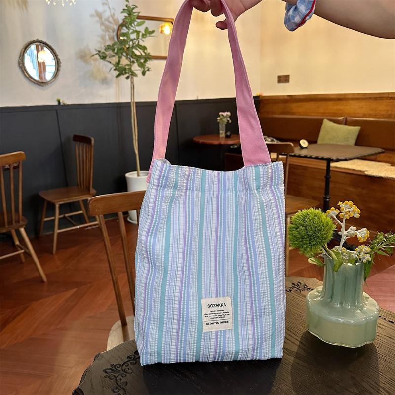 Plissert stripet kontrastfarget skulderveske, frisk og allsidig lerretsveske med stor kapasitet, skolesekk for kvinnelige studenter