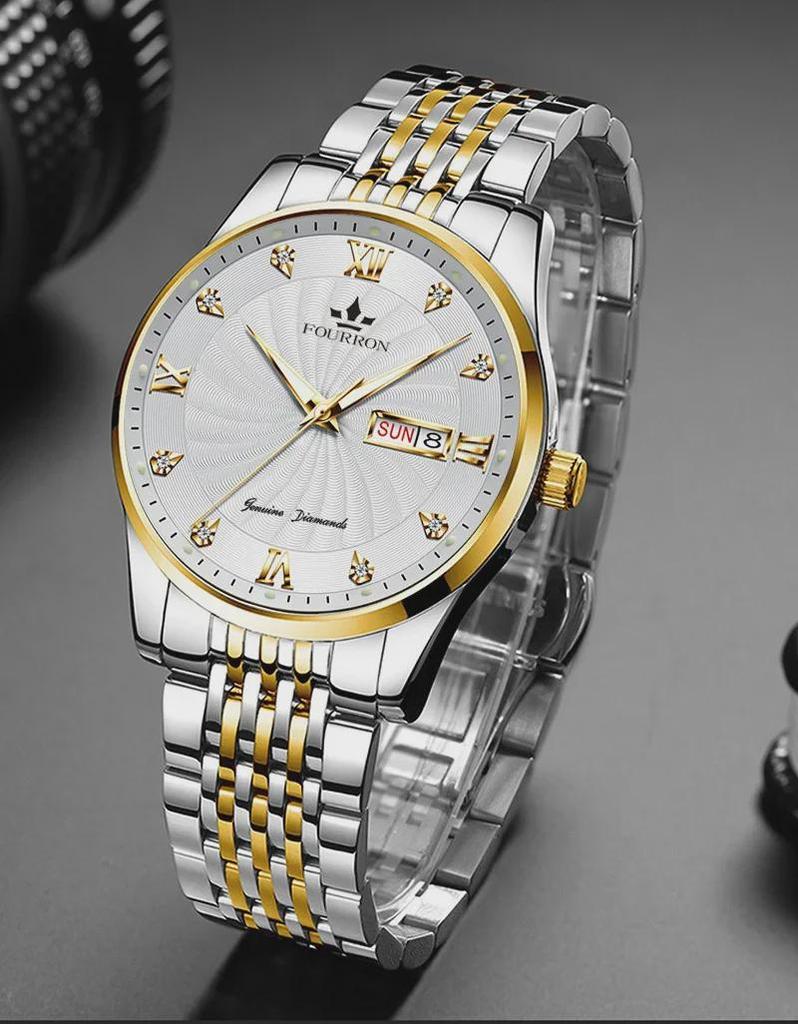 Men's Diamond Quartz Watch with Luminous Double Calendar
