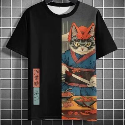 Fashionable Japanese Style Short Sleeved Men's 3D Digital Printed Samurai Cat Graphic Comfortable Loose T-shirt