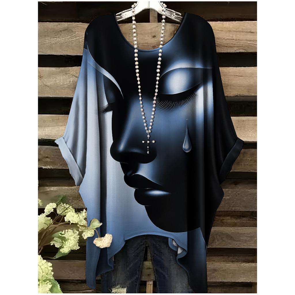 Vêtements pour femmes Décontracté Élégant Confortable Col Rond Manches Courtes T-shirt Portrait de Rêve Larmoyant Impression Pullovers Confortables