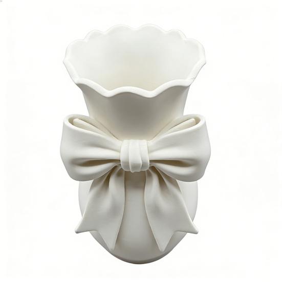 Pink White Bow Vase Plastic Farmhouse Flower Vase Makeup Brush Pen Holder for Table Bathroom Shelf Centerpiece