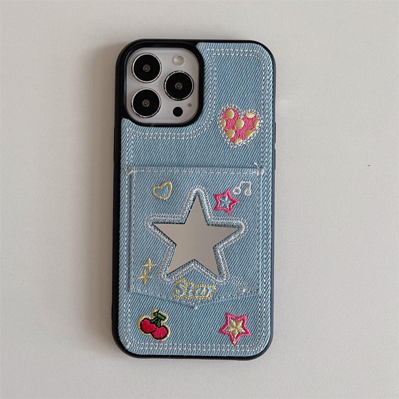 

Зеркальный чехол для iPhone 15 Pro Max с вышивкой из денима — подходит для Apple 14/13, модный женский дизайн iPhone 12 Pro