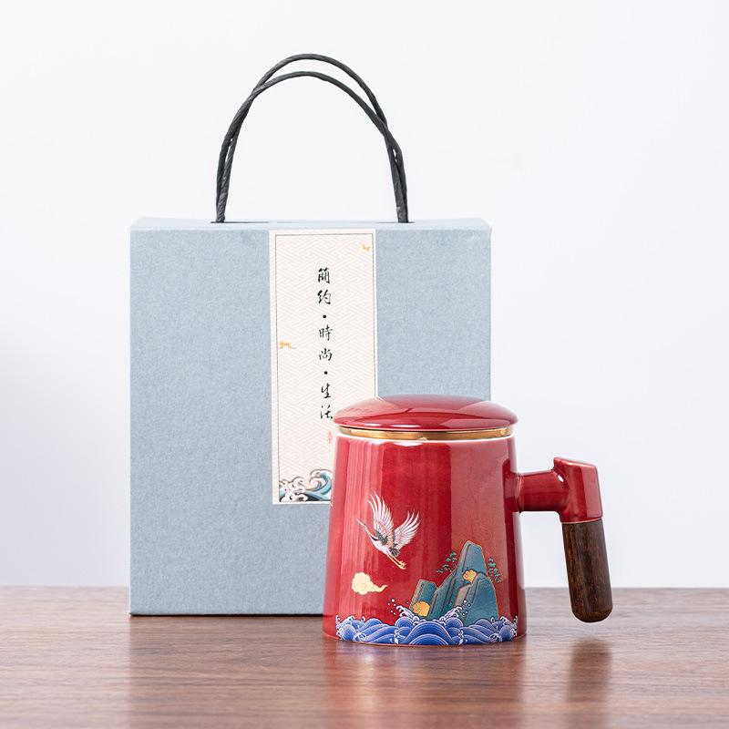 Ceramic tea cup with lid tea separation cup filter water cup creative wooden handle cup office cup gift cup Guochao