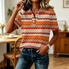 Camisa Casual de Mujer con Estampado de Rayas en Mangas Patchwork, Cuello en V con Media Botonadura, Manga Corta para Uso Diario