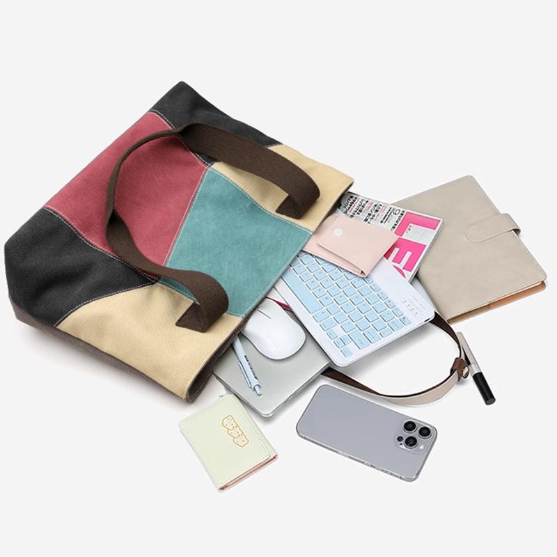Yogodlns New Spliced Canvas Women's Shoulder Bag Large-capacity Portable Messenger Bag Casual Ethnic Style Contrasting Color Bag