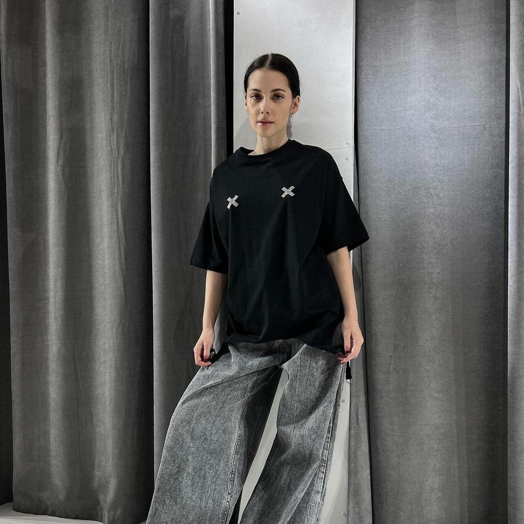 Черная уличная длинная футболка со стразами Femme Rhinestone Aesthetic One Size с вырезом, летний повседневный топ