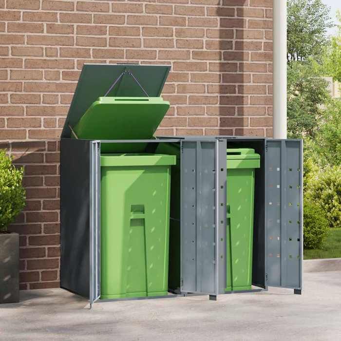 VidaXL Wheeled Storage for Trash Cans for 2 Bins Steel Grey, Trash Can Storage, 3279987