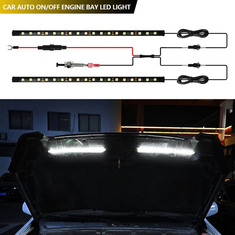 1set LED Car Under Hood Work Inspection Light Kit Waterproof 12V White LED Strip Lights Bars Car Hood Lights Fits Any Vehicle 1pcs