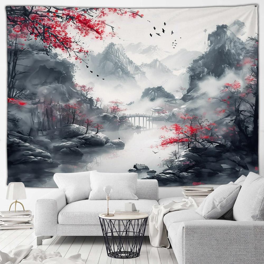 Asian Style Landscape Tapestry Nature Scenery Forest Waterfall Bedroom Living Room Home Wall Hanging Decor Natural Tapestry