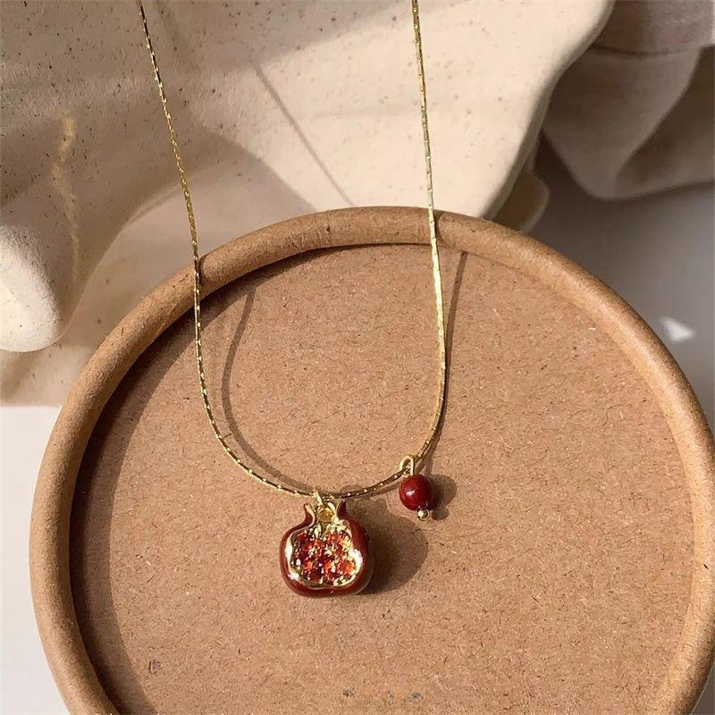 New Pomegranate Necklace Women Exquisite Tassel Collarbone Chain Retro Simple Inlaid Zircon Copper Sweater Chain Accessories