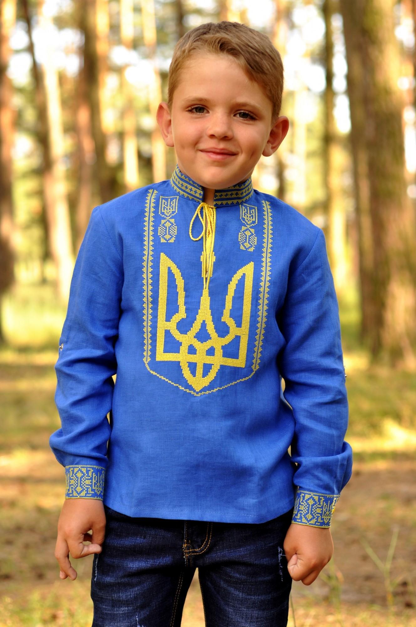 

Етнічна дитяча Сорочка з вишивкою з довгим рукавом, Українська сорочка з вишивкою, Народна вишиванка для хлопчика з натурального льону 128 блакитний люпин