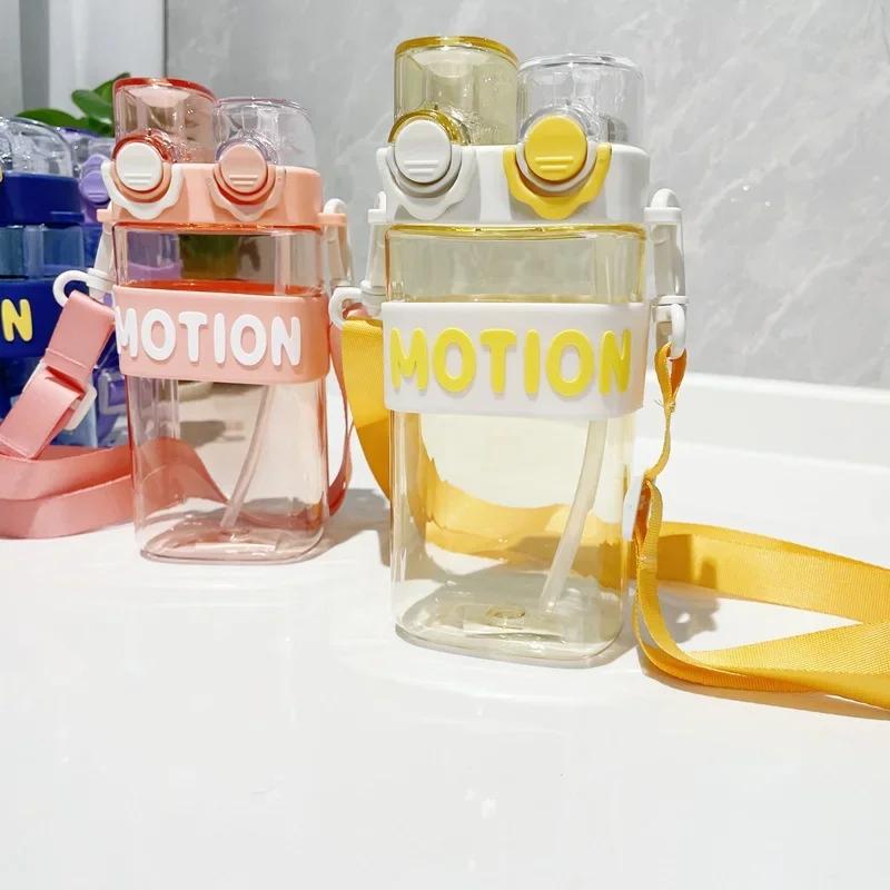 Plastic Transparent Water Bottle with Straw Cartoon Kawaii Compartment Large Capacity Travel Kid Water Gourd Student Drinkware