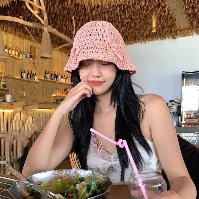 Bow Fisherman Hat Children's Summer New Knitted Mesh Bucket Hat Straw Woven Breathable Basin Hat
