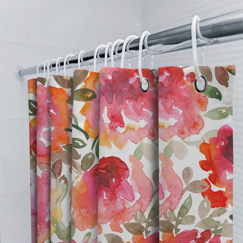 Watercolor Floral Shower Curtain Pink Red Orange White Leaves Design for Bathroom Decor Modern Home Decoration 69x72 inches (175