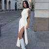 Women's summer new fashion personalized split pleated slim round neck sleeveless dress