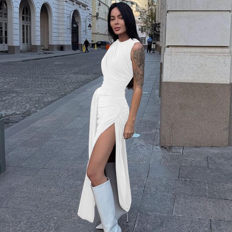 Women s summer new fashion personalized split pleated slim round neck sleeveless dress S белый