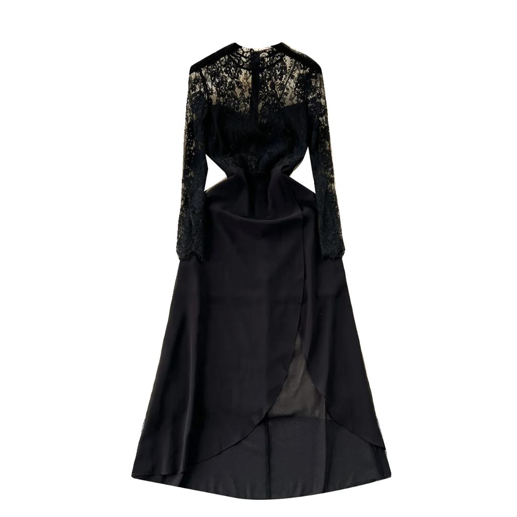 Vysoce kvalitní krajkové šaty Královská sestra Mladá Sexy Perspektivní Dlouhý rukáv Patchwork Slim fit Středně dlouhé Šifonové