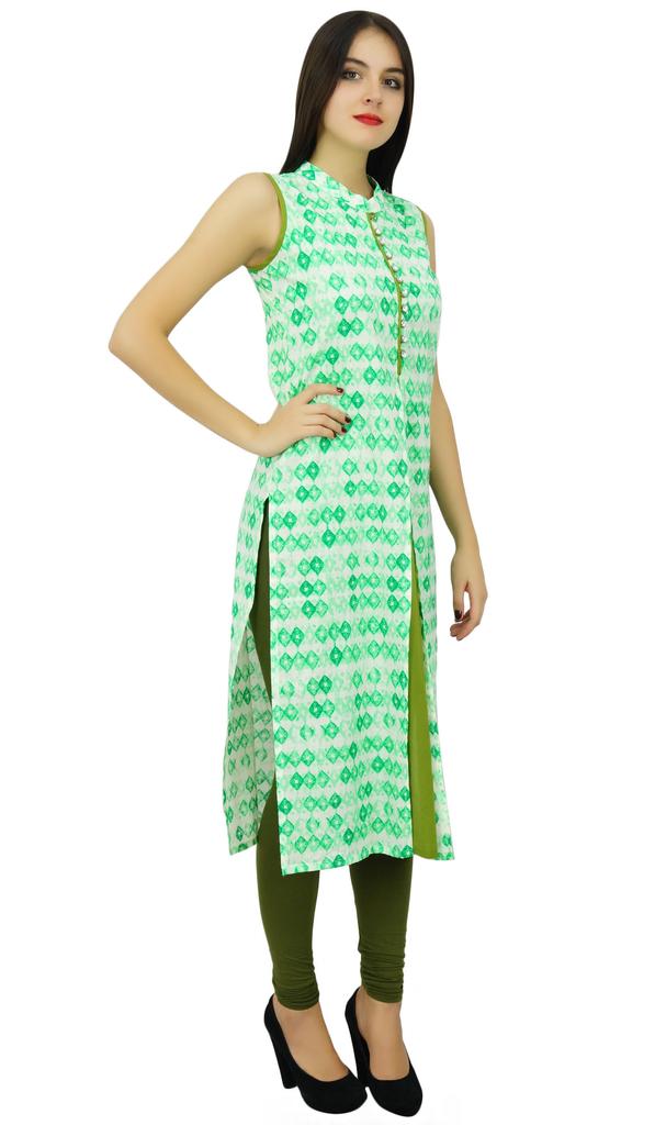 Bimba Womens Green Cotton Kurti Sleeveless Printed Kurta India Tunic Blouse