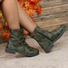 Fashion Size 36-43 Round Toe Belt Buckle Side Zipper Med Heels Short Boots Women's Shoes Retro Camouflage Chelsea Boot Botas Mujer