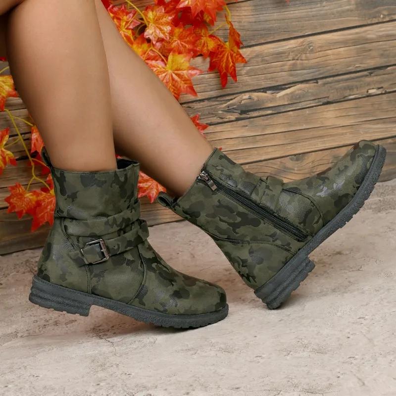 Fashion Size 36-43 Round Toe Belt Buckle Side Zipper Med Heels Short Boots Women's Shoes Retro Camouflage Chelsea Boot Botas Mujer