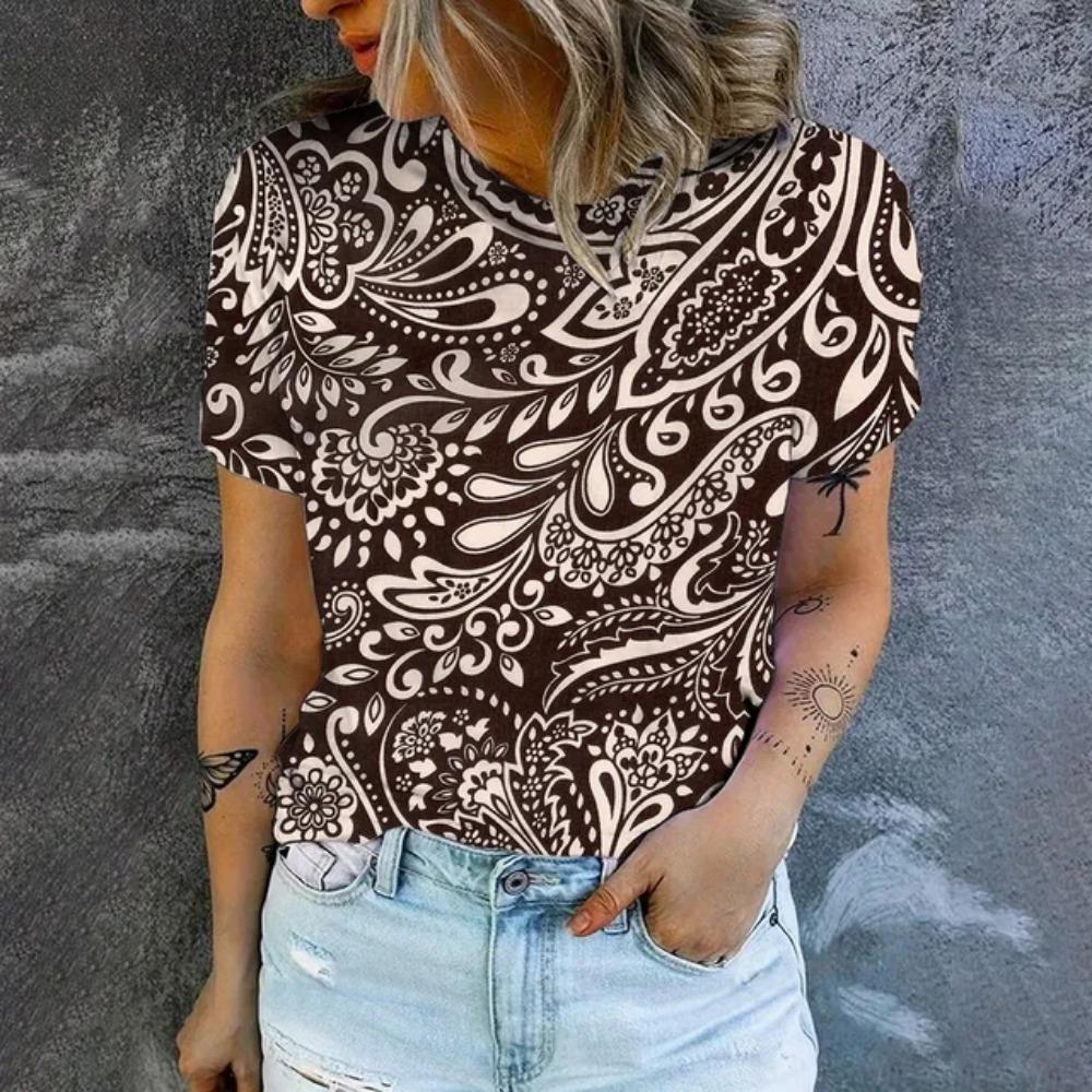 Elegant Women's T-shirt Fashion Retro Flower Pattern Print T-shirt  Women's Short Sleeved T-shirt Summer Leisure T-shirt