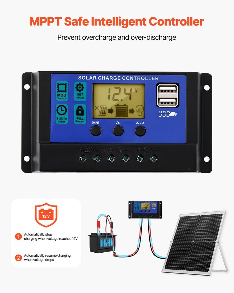30W 12V Solar Panel Battery Charger, Solar Battery Trickle Charger Maintainer with Intelligent MPPT Controller & Adjustable Mount Bracket, IP67
