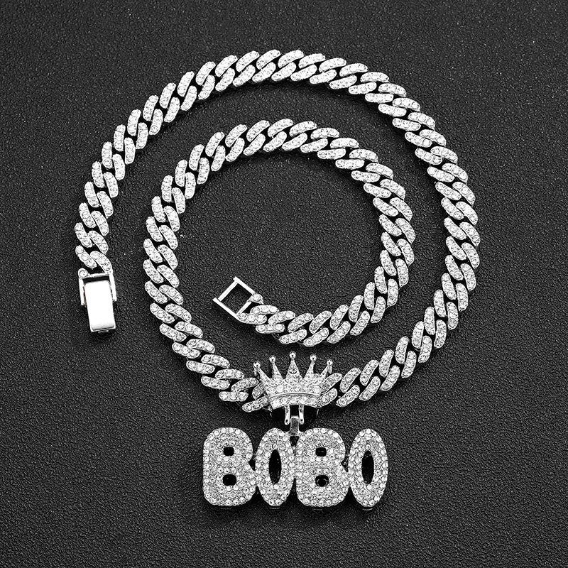 European & American Full Diamond Letter BOBO Pendant with Cuban Chain Necklace - Exaggerated Hip Hop Style Accessories for Couples