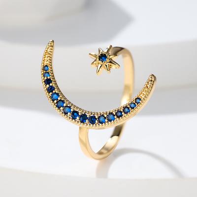 Anelli color oro con luna e stelle per donna, anelli di apertura in cristallo blu minimalisti bohémien, fedi nuziali, regali