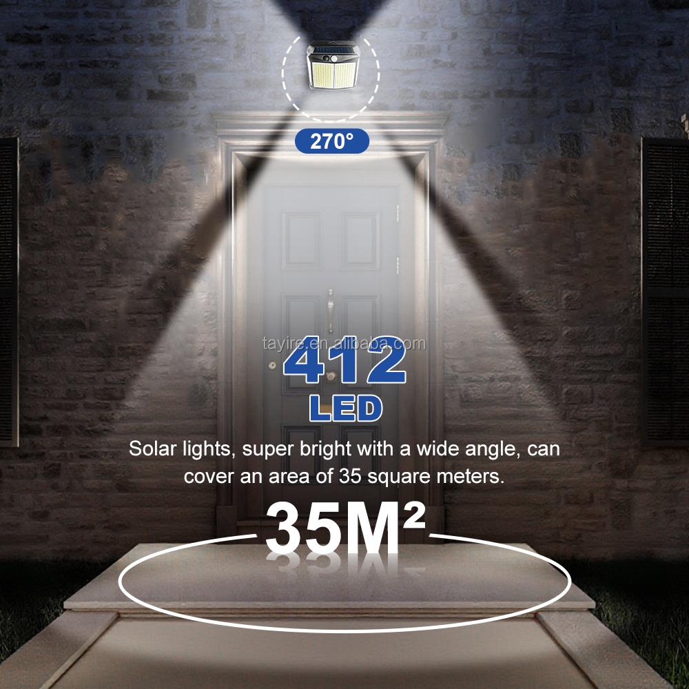 Energy Saving Super Bright Cold White Outdoor IP65 412LED Solar Garden Light 4 Sides Wall Lamp Motion Sensor Security Light