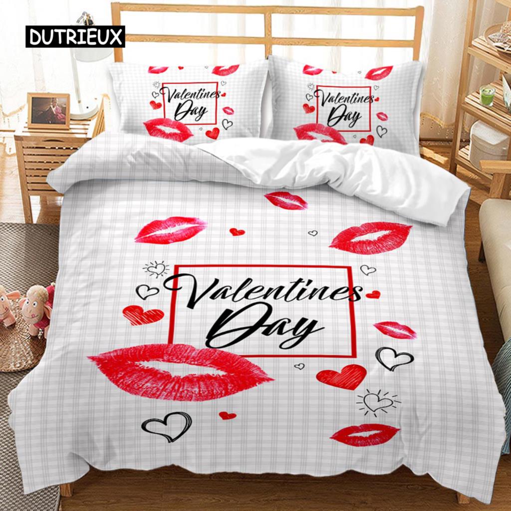 Red Lip Duvet Cover Set Red Lip Lipstick Sexy Adult Couple Comforter Cover Valentine's Day Gift for Lover Polyester Qulit Cover